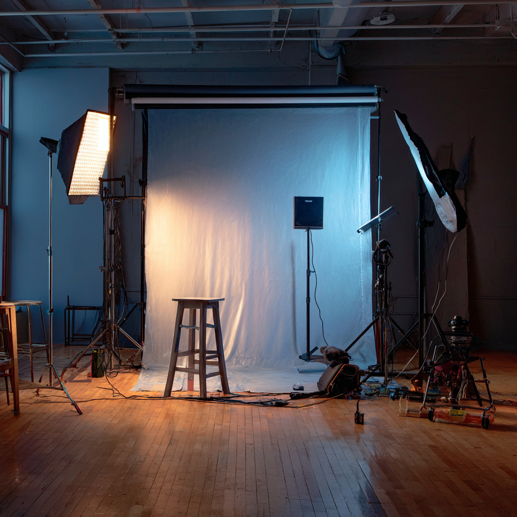 a room setup for photography, with some lights and a seat infront of a white canvas