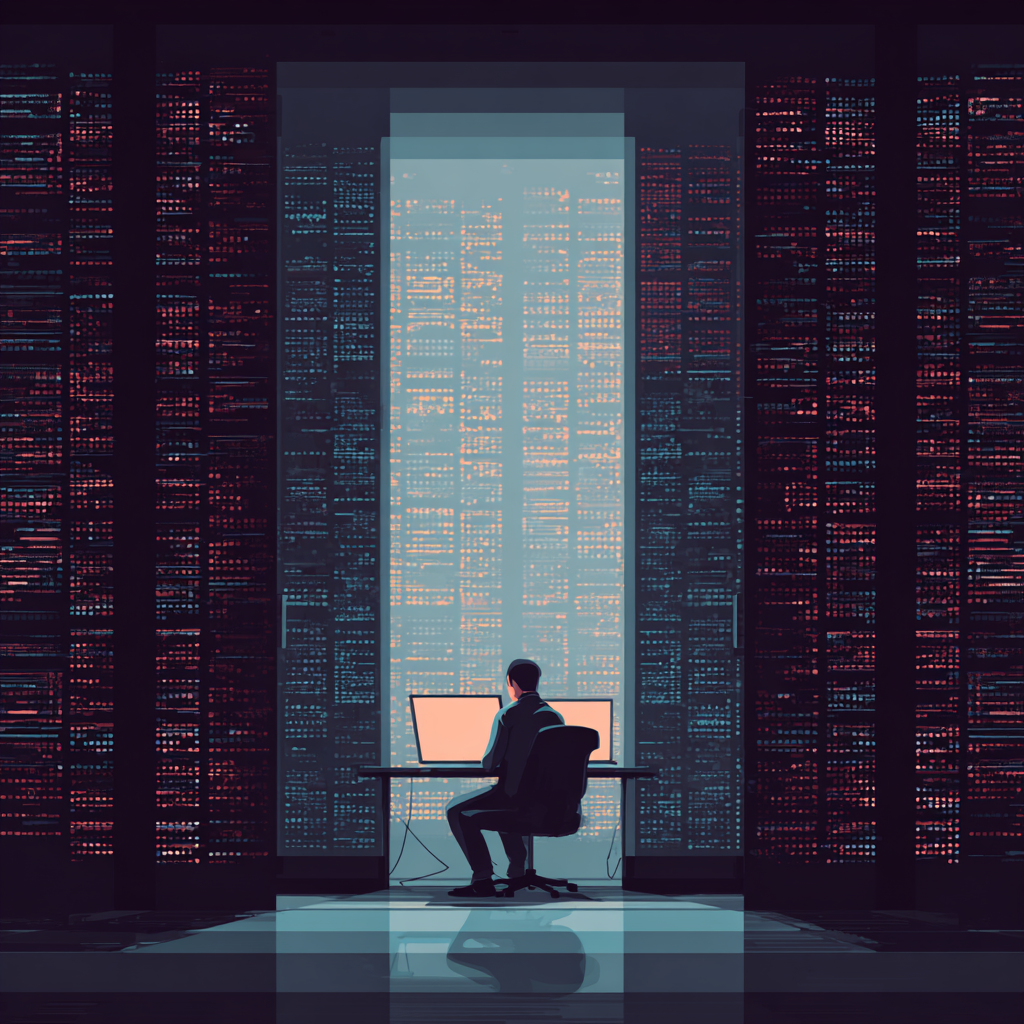 An abstraction of a programmer sitting in a room surrounded by server racks