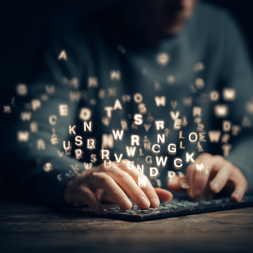 A stream of letters above a man's keyboard, symbolising the search for the right terminology that will hit traffic